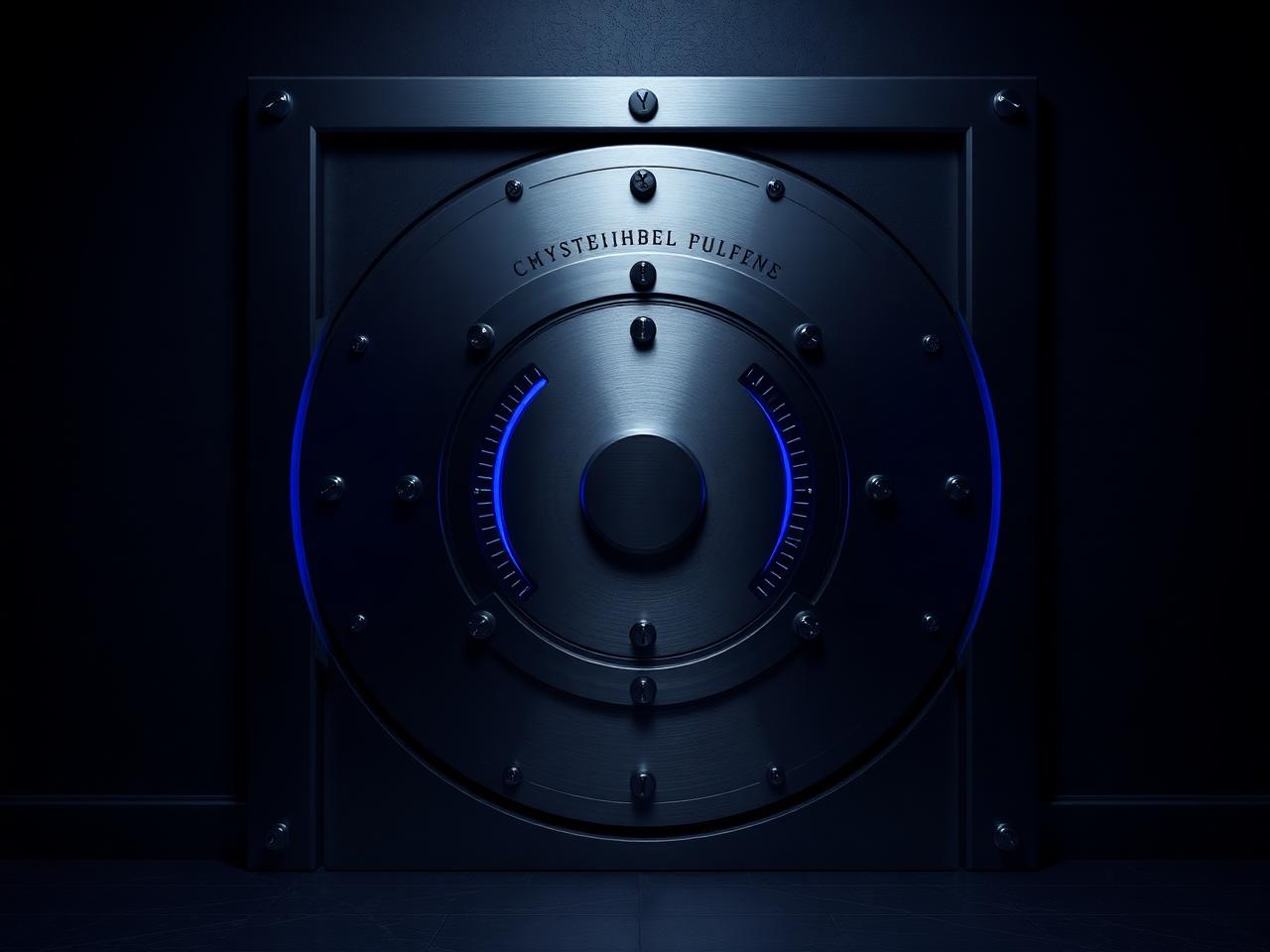 Brushed metal vault door with blue-lit cryptographic engravings